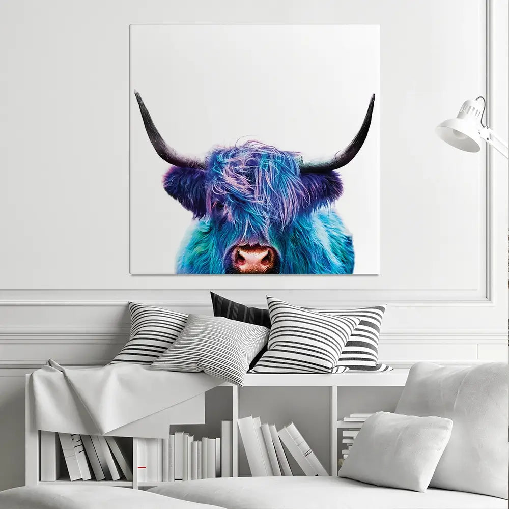 Colourful Blue Highland Cow Square Canvas Print Colourful Blue Highland Cow Square Canvas Print wall art product Patricia Chumillas / Shutterstock