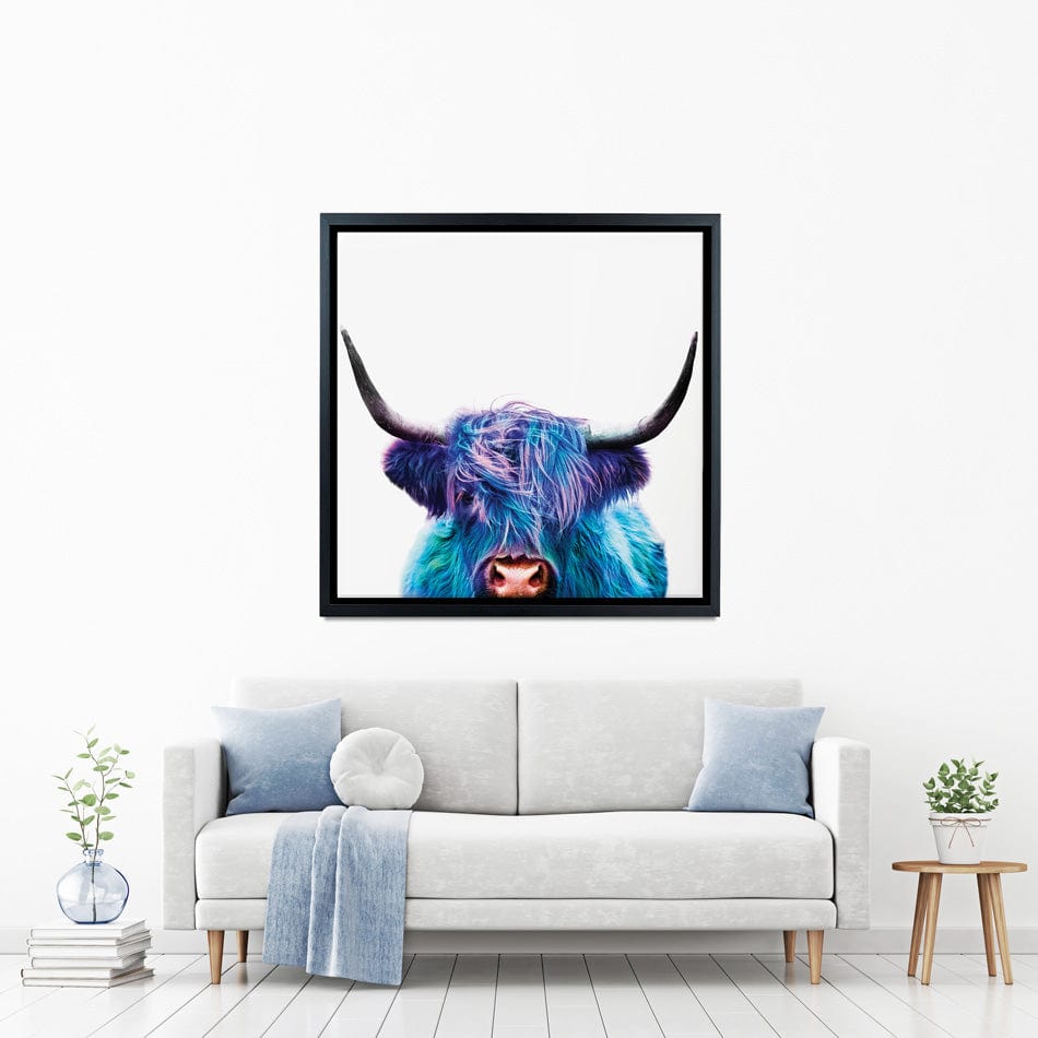 Colourful Blue Highland Cow Square Canvas Print Colourful Blue Highland Cow Square Canvas Print wall art product Patricia Chumillas / Shutterstock