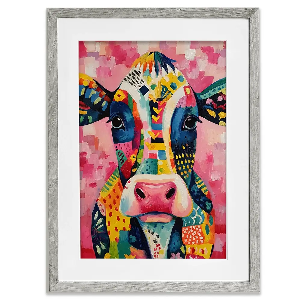 Colourful Cow In Pattern Framed Art Print Colourful Cow In Pattern Framed Art Print wall art product IAmHomeStudio