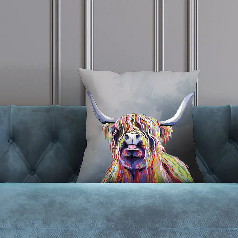 Colourful Highland Coo Cushion Colourful Highland Coo Cushion wall art product Art Print Shop