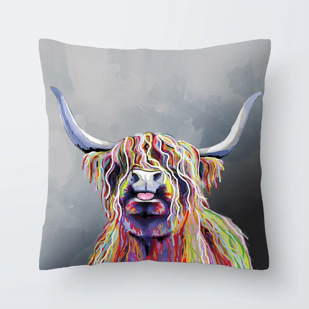 Colourful Highland Coo Cushion Colourful Highland Coo Cushion wall art product Art Print Shop