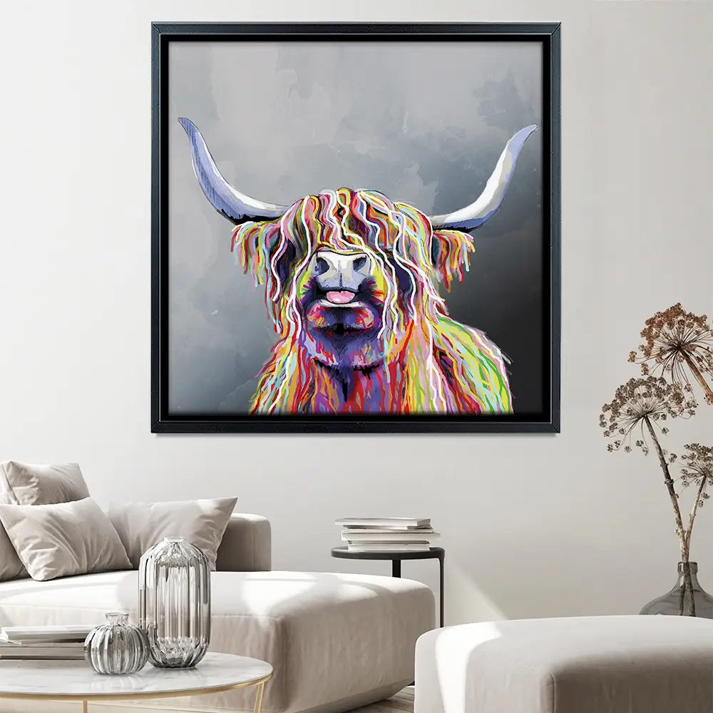 Colourful Highland Coo Square Canvas Print Colourful Highland Coo Square Canvas Print wall art product Art Print Shop
