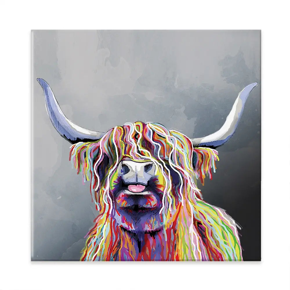 Colourful Highland Coo Square Canvas Print Colourful Highland Coo Square Canvas Print wall art product Art Print Shop
