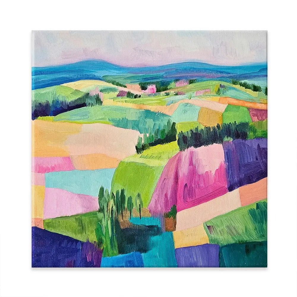 Colourful Patchwork Hills Square Canvas Print Colourful Patchwork Hills Square Canvas Print wall art product Tanya Ocean