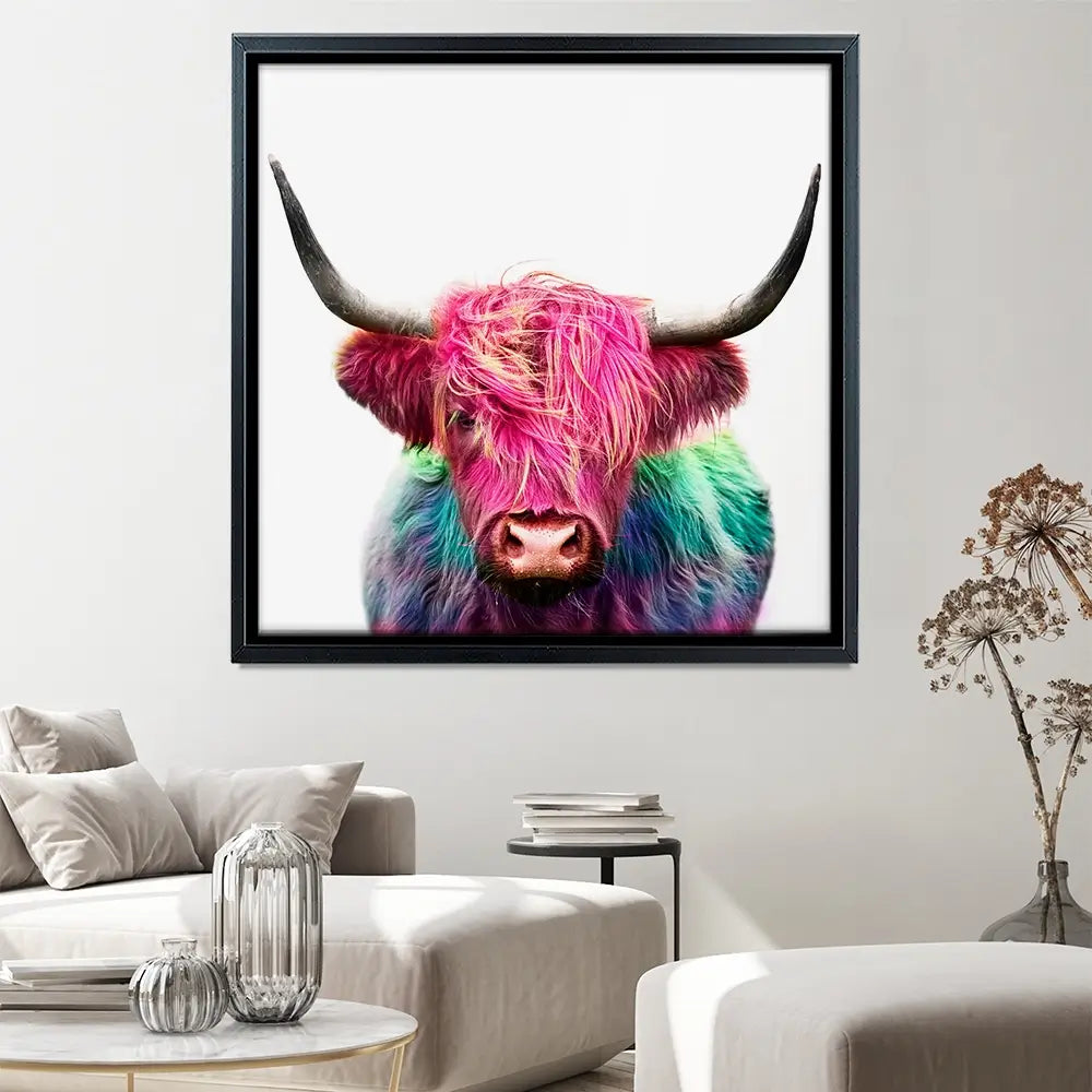 Colourful Pink Highland Cow Square Canvas Print Colourful Pink Highland Cow Square Canvas Print wall art product Art Print Shop