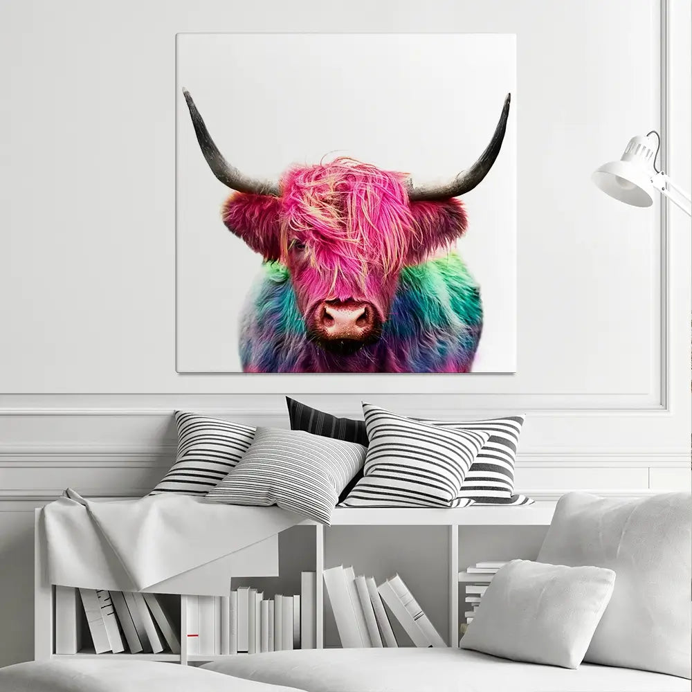 Colourful Pink Highland Cow Square Canvas Print Colourful Pink Highland Cow Square Canvas Print wall art product Art Print Shop