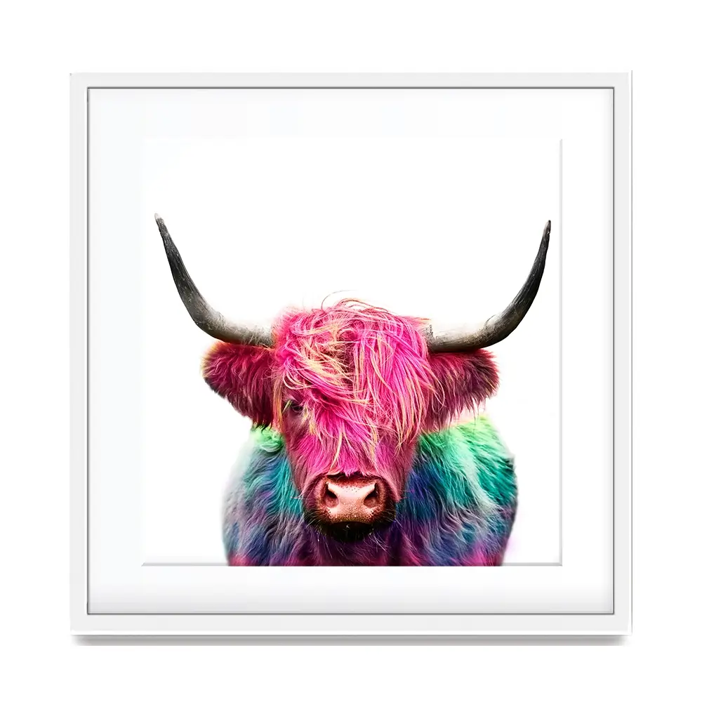 Colourful Pink Highland Cow Square Framed Art Print Colourful Pink Highland Cow Square Framed Art Print wall art product Art Print Shop