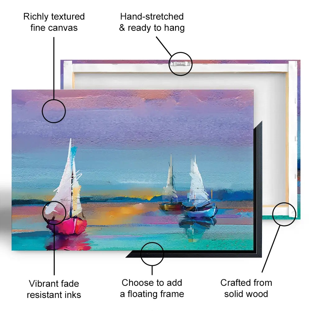 Colourful Sailing Boats Canvas Print Colourful Trio Of Boats Canvas Print | Colourful Trio Artwork wall art product pluie_r / Shutterstock
