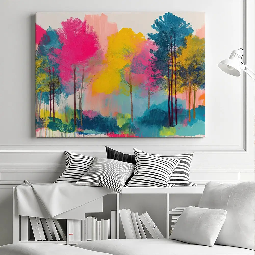 Colourful Trees Fading Into Mist Canvas Print Colourful Trees Fading Into Mist Canvas Print wall art product Chromatic Storm Studio
