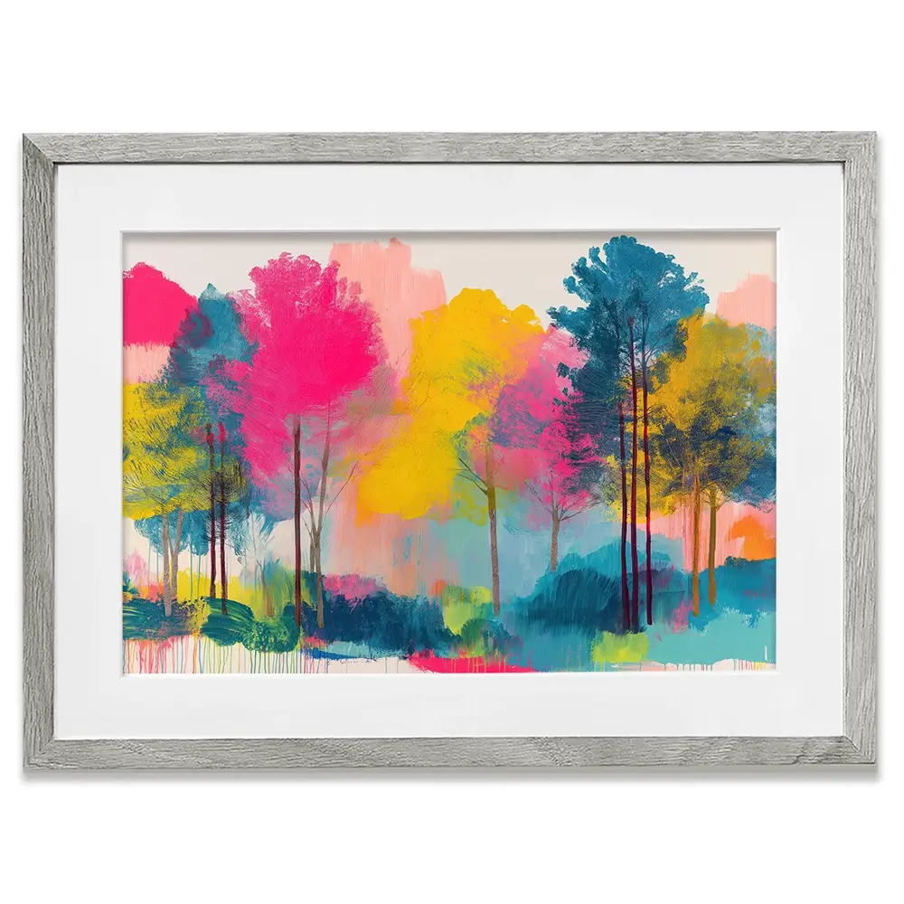 Colourful Trees Fading Into Mist Framed Art Print Colourful Trees Fading Into Mist Framed Art Print wall art product Chromatic Storm Studio