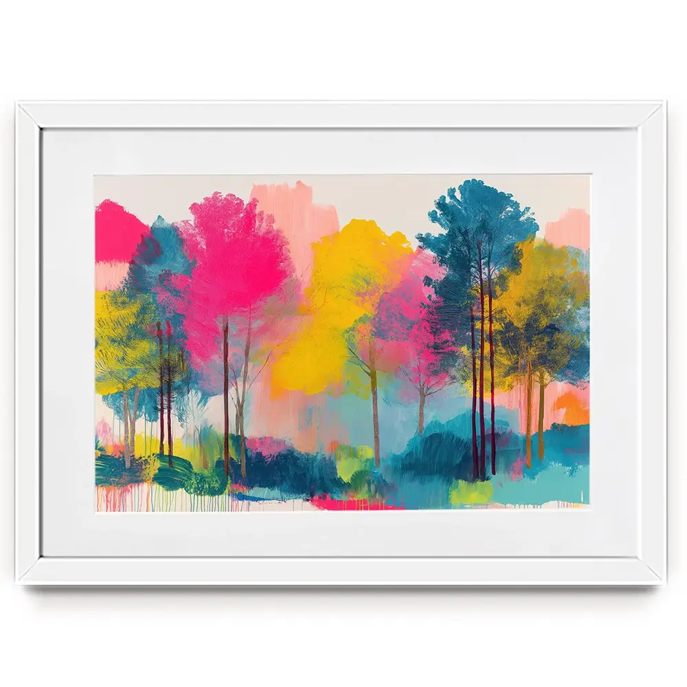 Colourful Trees Fading Into Mist Framed Art Print Colourful Trees Fading Into Mist Framed Art Print wall art product Chromatic Storm Studio