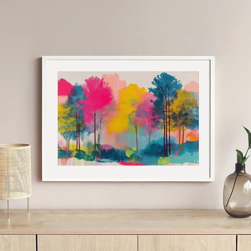 Colourful Trees Fading Into Mist Framed Art Print Colourful Trees Fading Into Mist Framed Art Print wall art product Chromatic Storm Studio