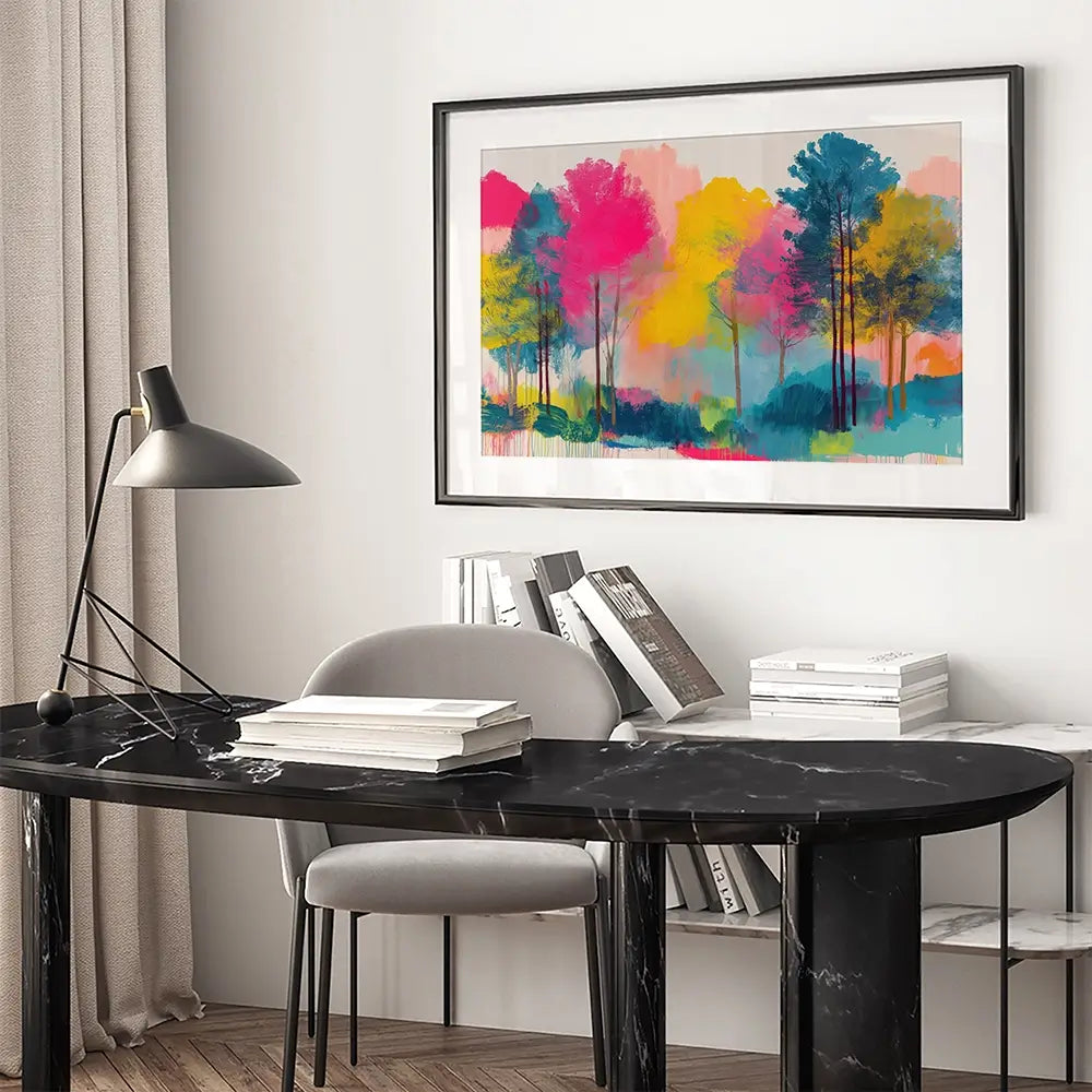 Colourful Trees Fading Into Mist Framed Art Print Colourful Trees Fading Into Mist Framed Art Print wall art product Chromatic Storm Studio