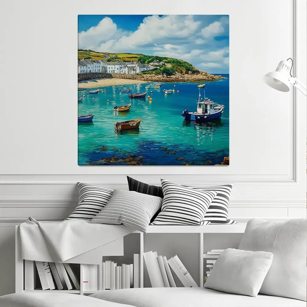 Cornwall Coastal Village Square Canvas Print Cornwall Coastal Village Square Canvas Print wall art product Art Print Shop
