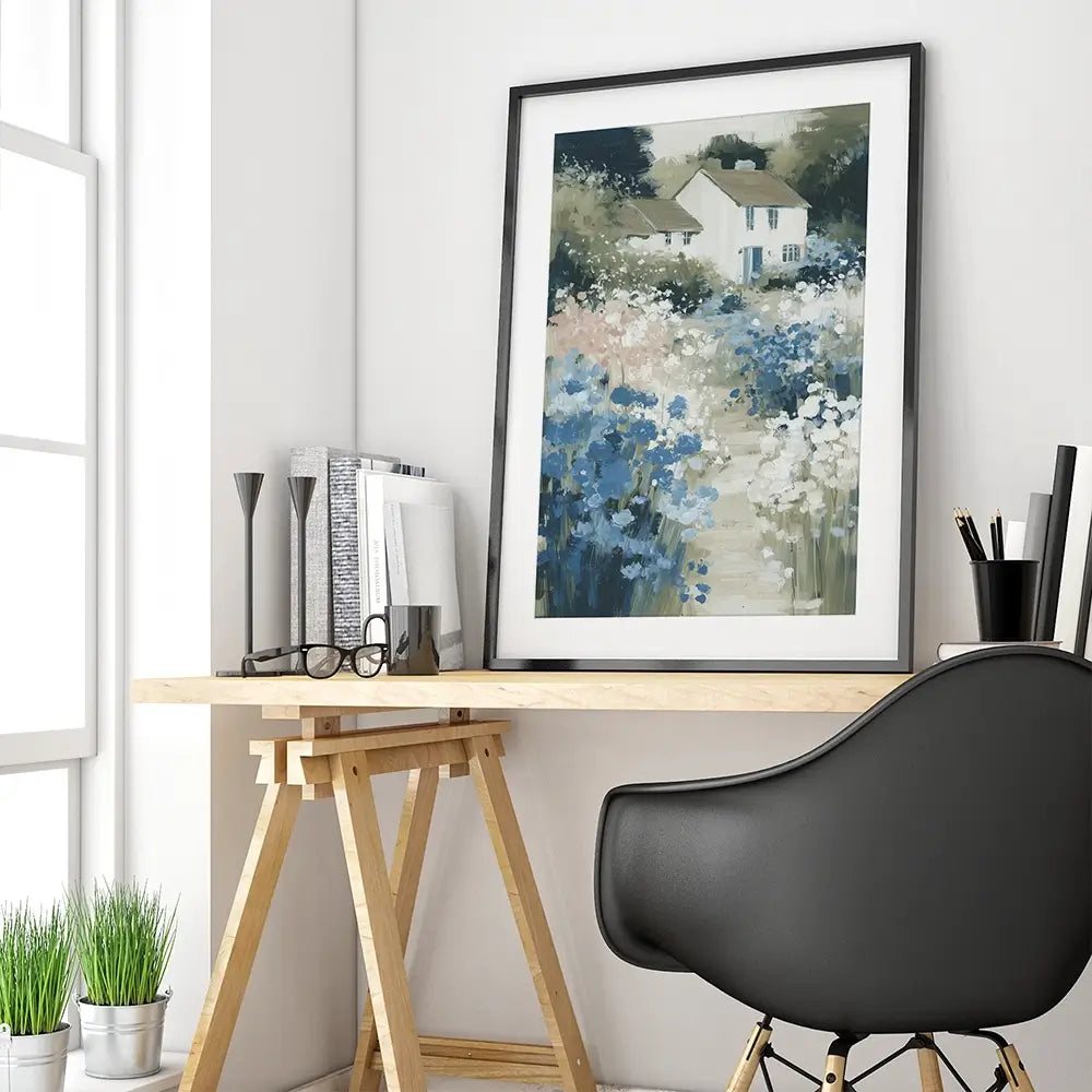 Cottage In A Bloom Field Framed Art Print Cottage In A Bloom Field Framed Art Print wall art product Chromatic Storm Studio