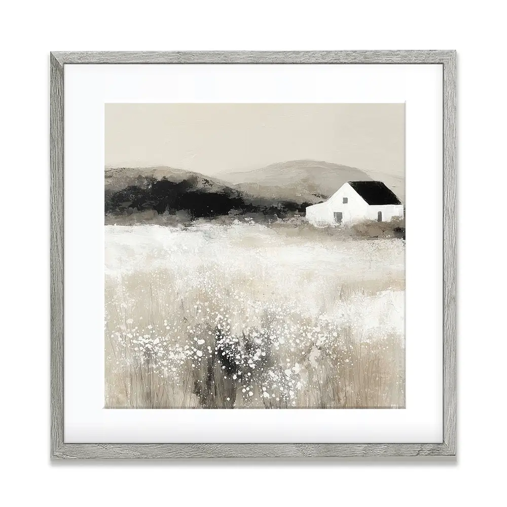 Cottage In Pale Field 2 Square Framed Art Print Cottage In Pale Field 2 Square Framed Art Print wall art product Chromatic Storm Studio