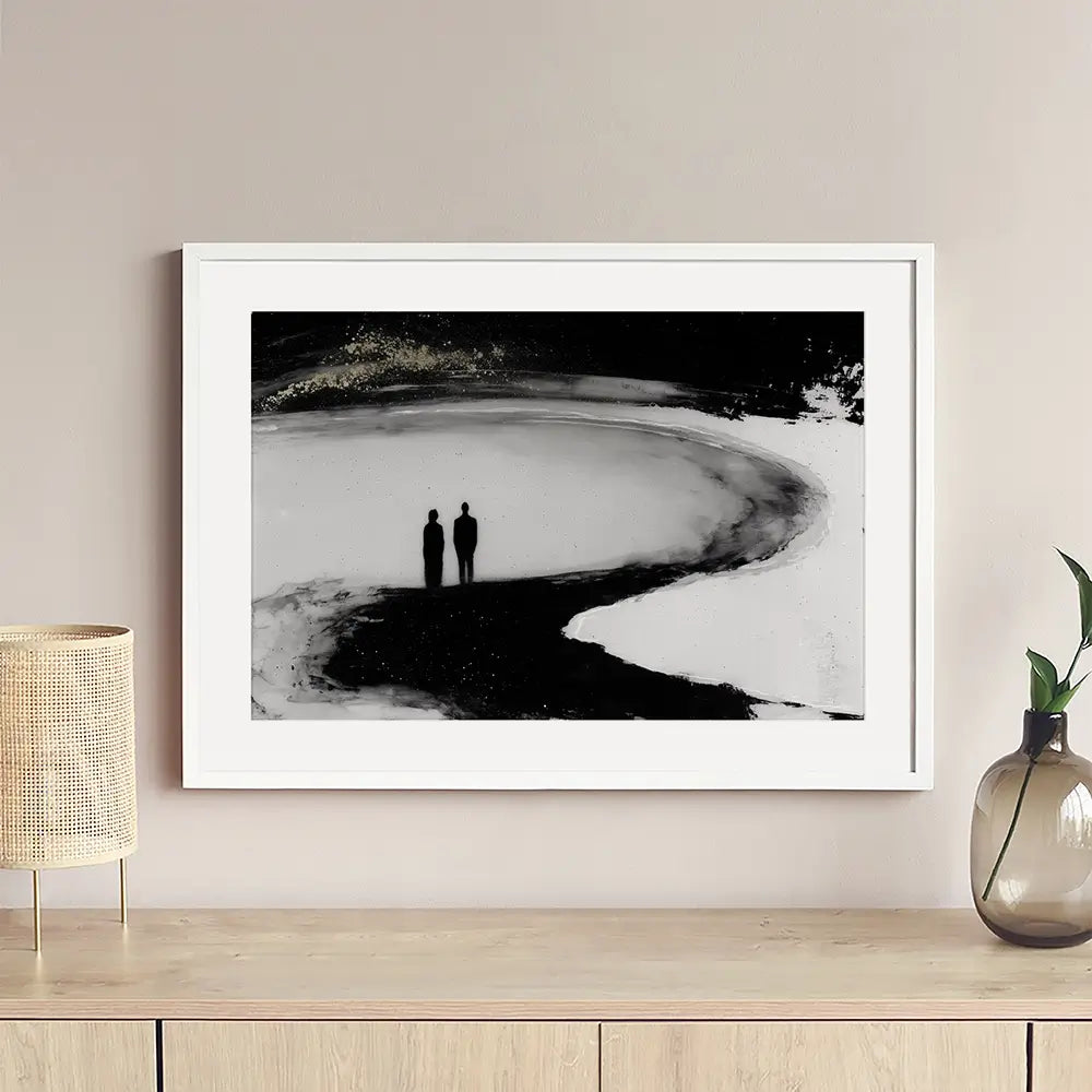 Couple Silhouette On The Beach Framed Art Print Couple Silhouette On The Beach Framed Art Print wall art product Chromatic Storm Studio