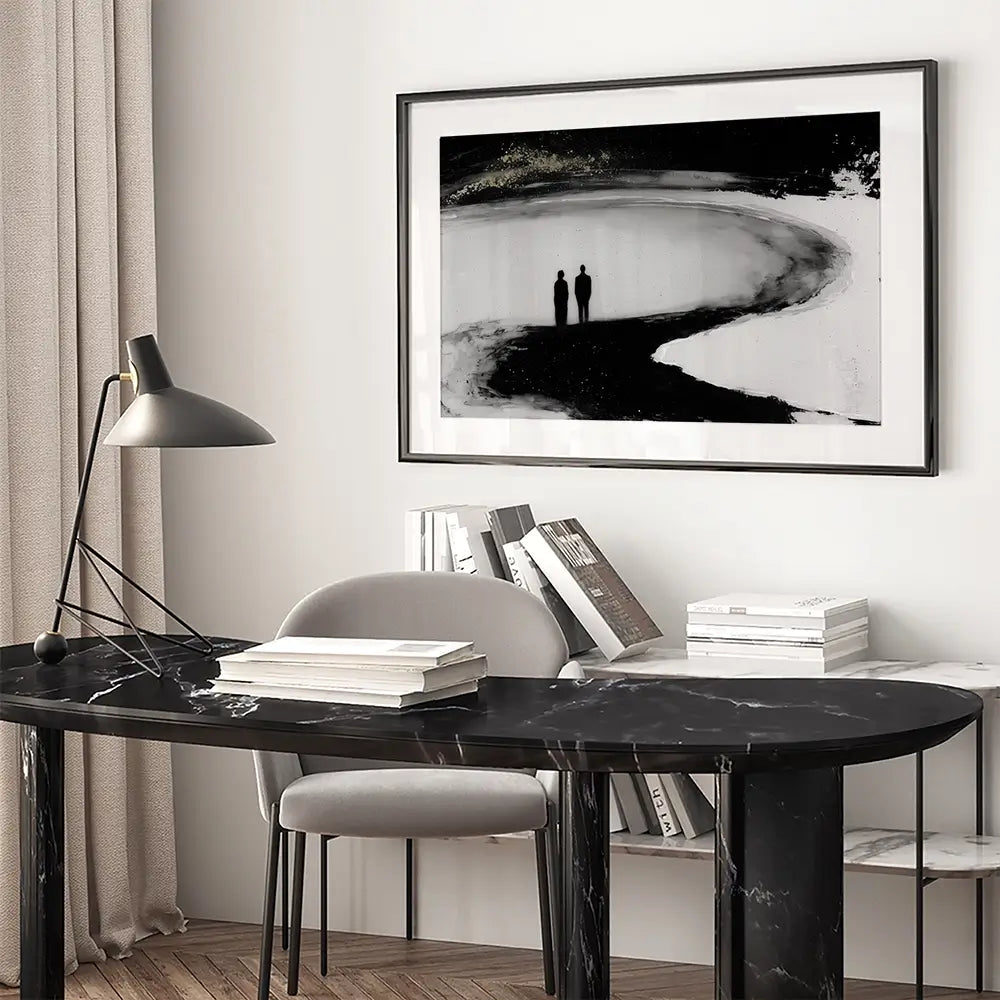 Couple Silhouette On The Beach Framed Art Print Couple Silhouette On The Beach Framed Art Print wall art product Chromatic Storm Studio