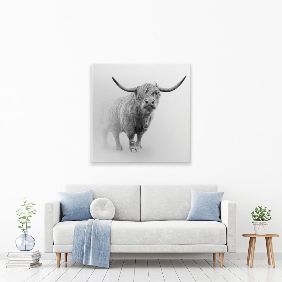 Cow In The Fog Square Canvas Print wall art product Effect of Darkness / Shutterstock