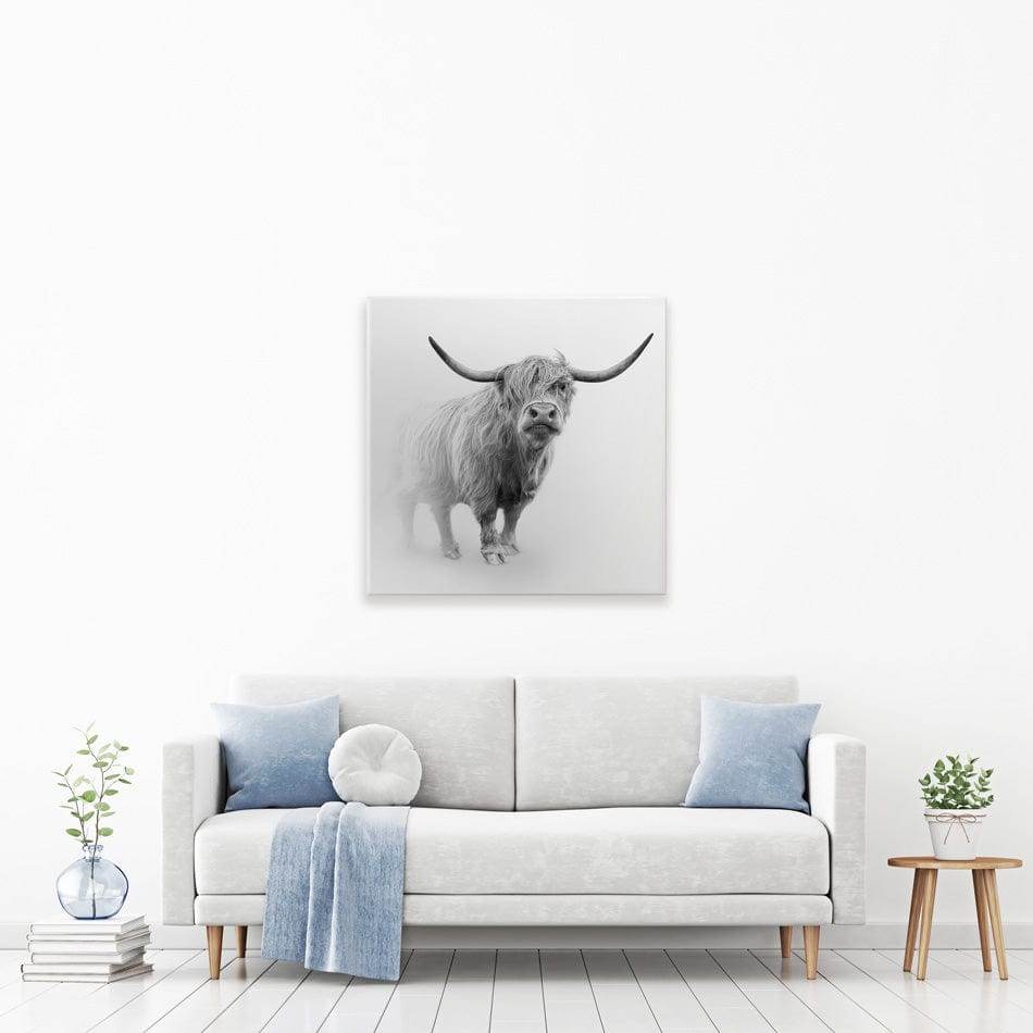 Cow In The Fog Square Canvas Print wall art product Effect of Darkness / Shutterstock