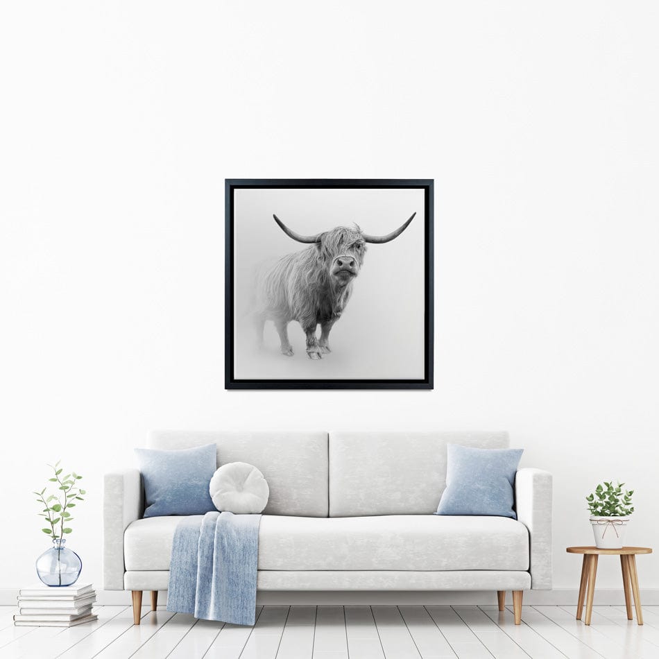 Cow In The Fog Square Canvas Print wall art product Effect of Darkness / Shutterstock