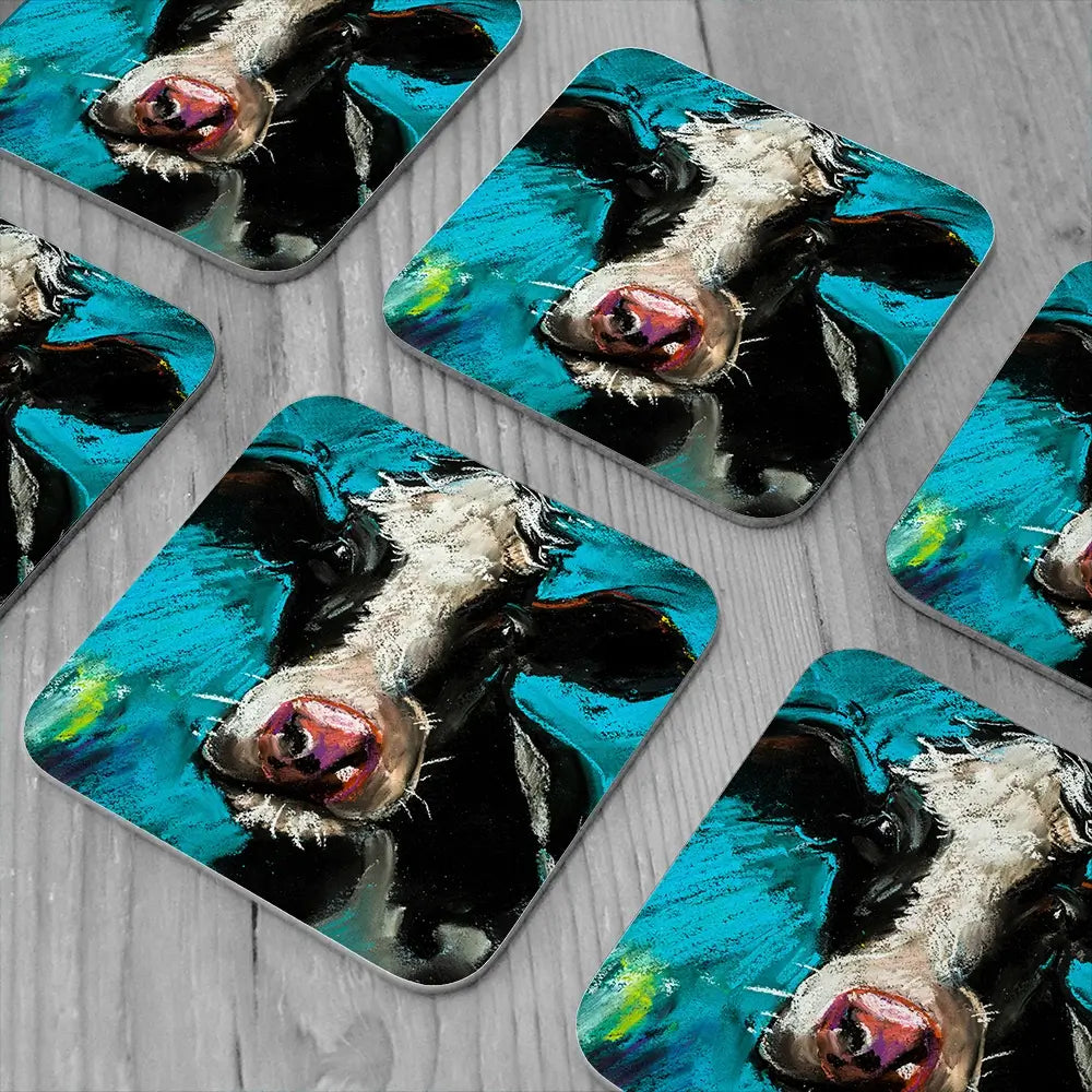 Cow On Blue Coaster Set Cow On Blue Coaster Set wall art product Ivailo Nikolov / Shutterstock