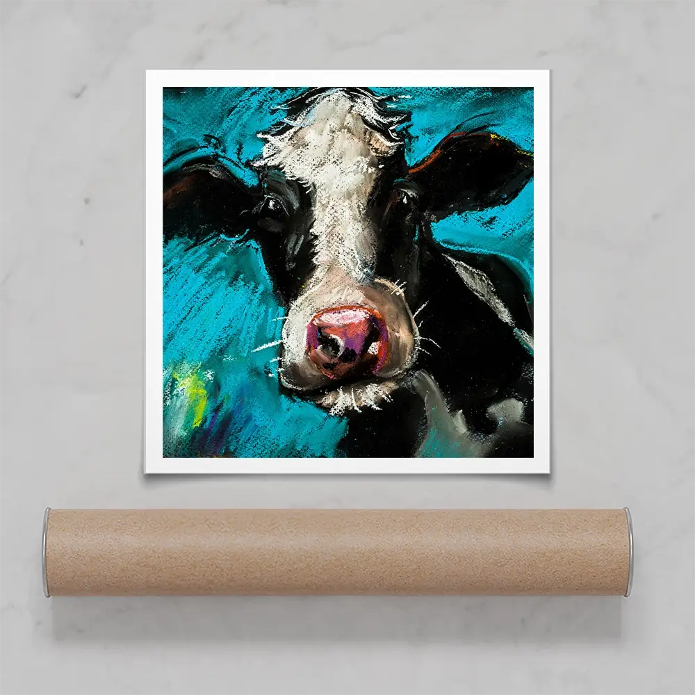 Cow On Blue Square Art Print Cow On Blue Square Art Print wall art product Art Print Shop