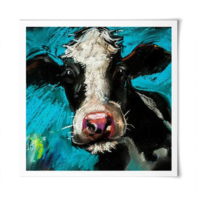 Cow On Blue Square Art Print Cow On Blue Square Art Print wall art product Art Print Shop