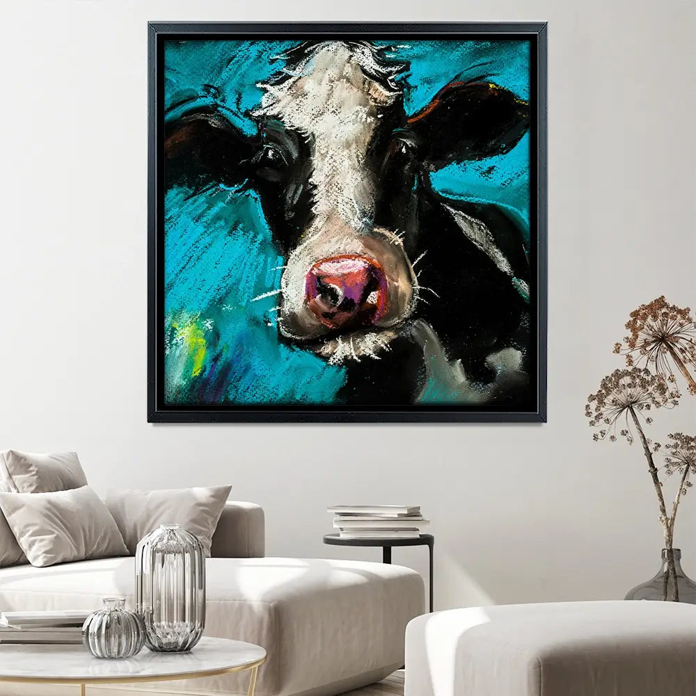 Cow On Blue Square Canvas Print Cow On Blue Square Canvas Print wall art product Ivailo Nikolov / Shutterstock