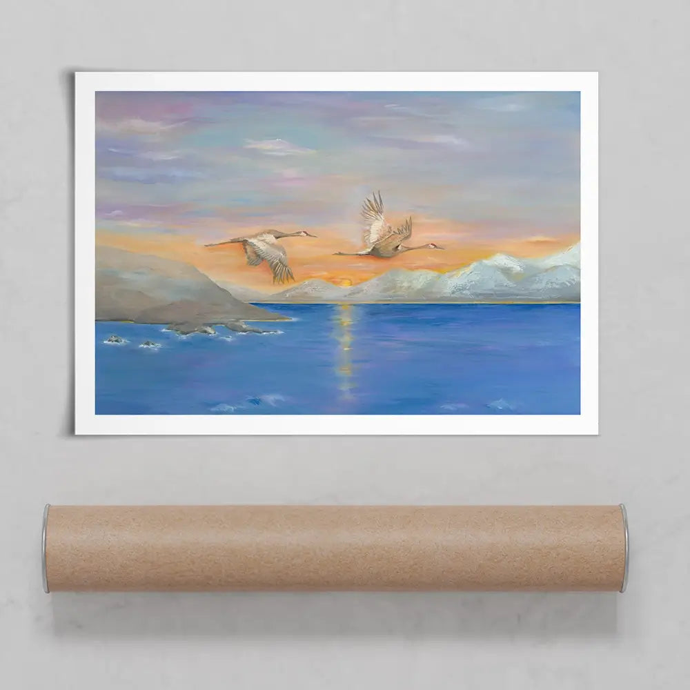 Cranes In Flight At Sunset Art Print Cranes In Flight At Sunset Art Print wall art product Karen Sutton