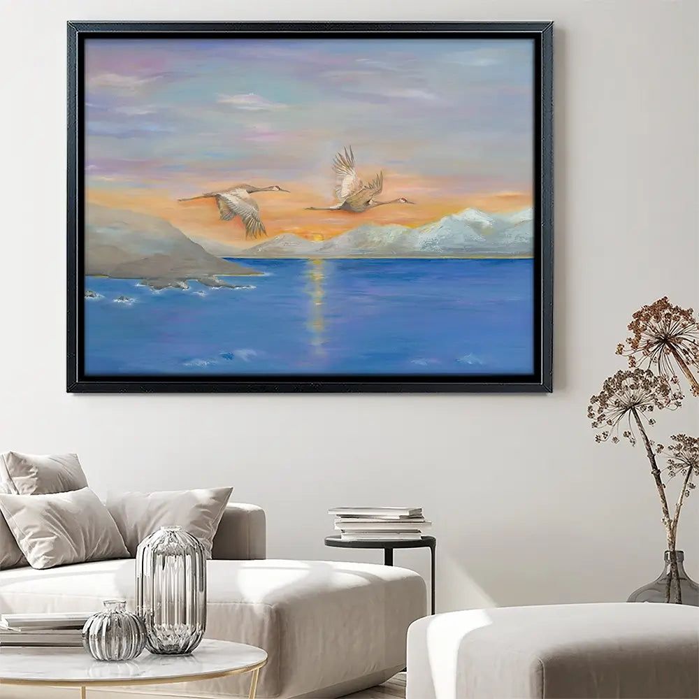 Cranes In Flight At Sunset Canvas Print Cranes In Flight At Sunset Canvas Print wall art product Karen Sutton