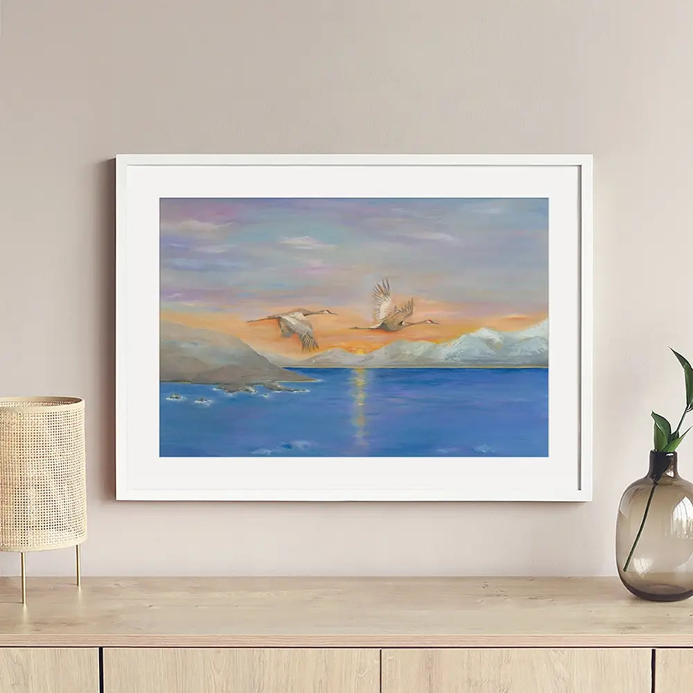 Cranes In Flight At Sunset Framed Art Print Cranes In Flight At Sunset Framed Art Print wall art product Karen Sutton