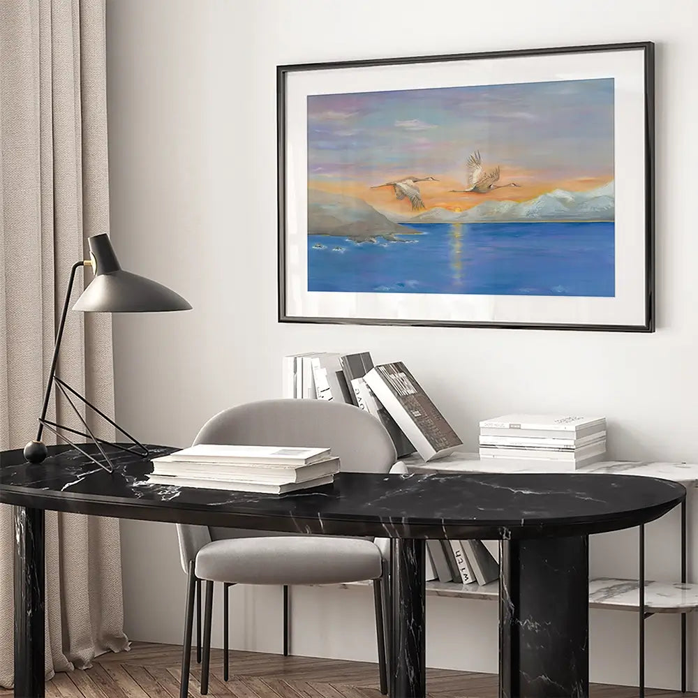 Cranes In Flight At Sunset Framed Art Print Cranes In Flight At Sunset Framed Art Print wall art product Karen Sutton