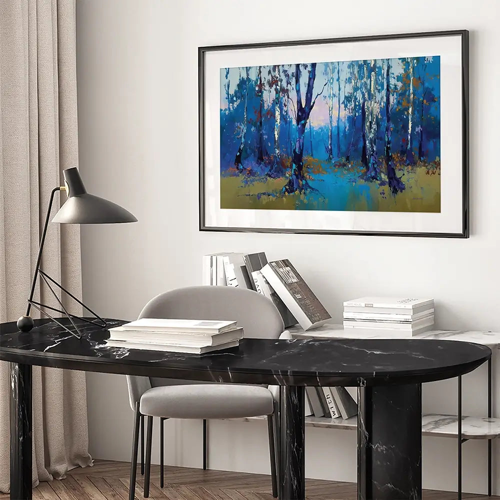 Deep Blue Forest With Misty Woodland Path Framed Art Print Deep Blue Forest With Misty Woodland Path Framed Art Print wall art product Leon Devenice
