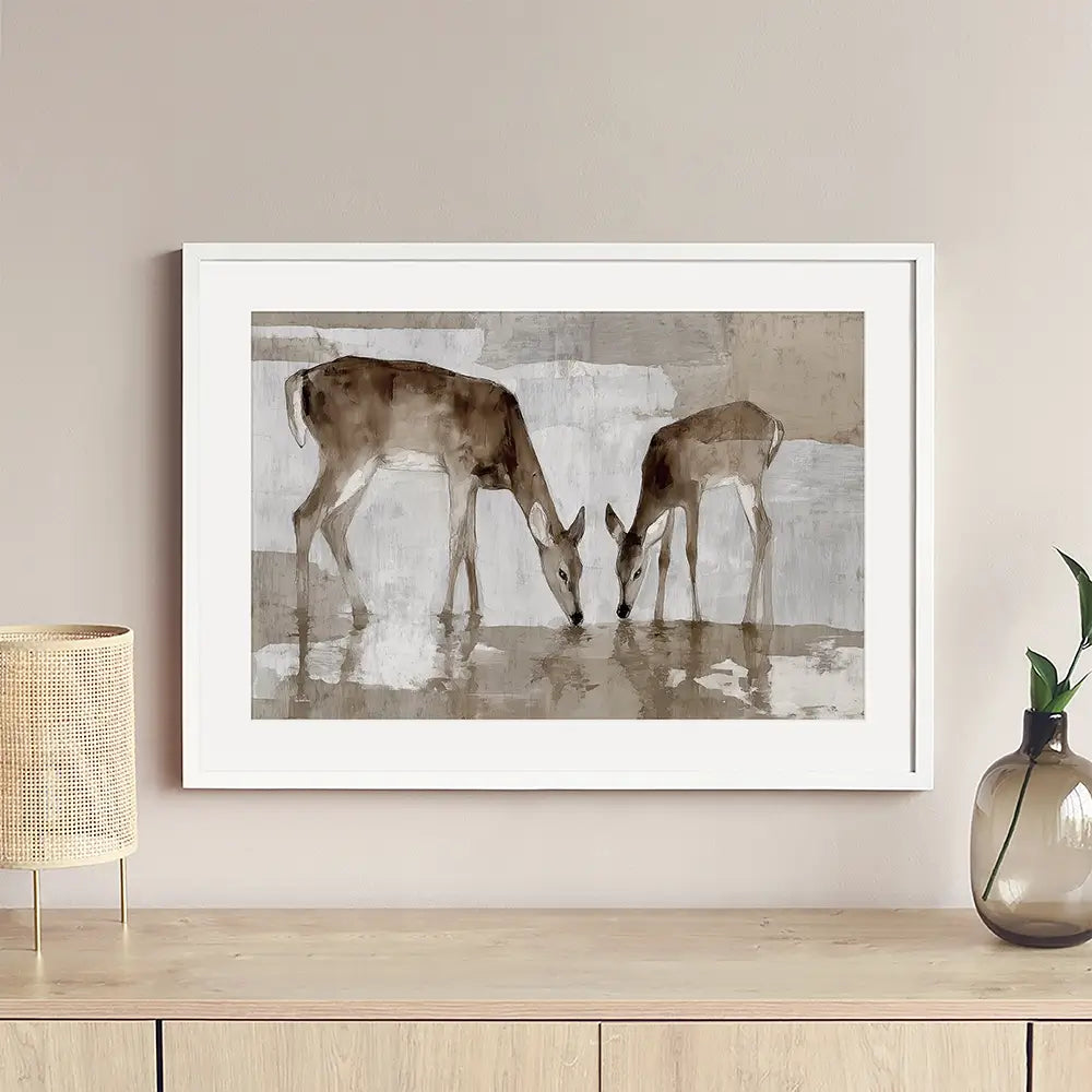 Doe Fawn Drinking Framed Art Print Doe Fawn Drinking Framed Art Print wall art product Chromatic Storm Studio