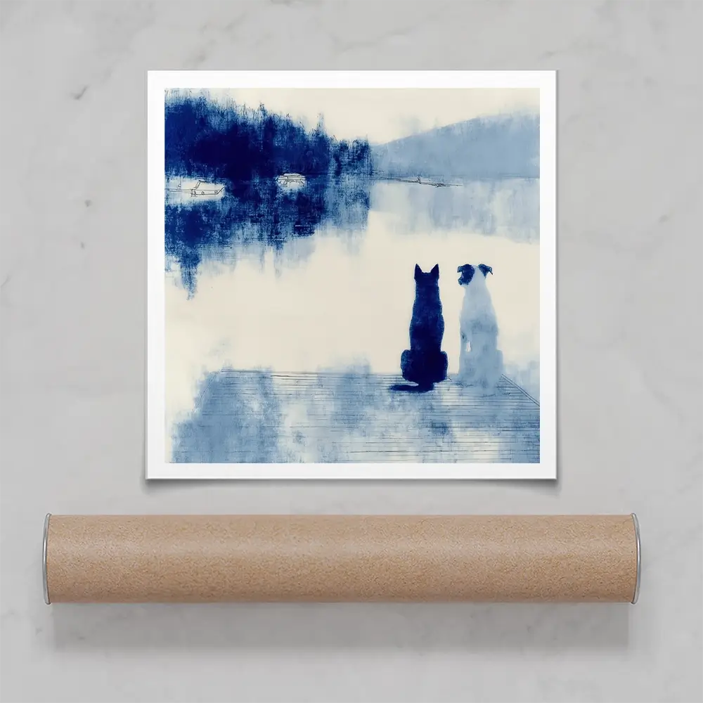 Dogs On Dock Square Art Print Dogs On Dock Square Art Print wall art product Chromatic Storm Studio