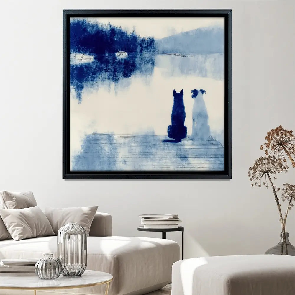 Dogs On Dock Square Canvas Print Dogs On Dock Square Canvas Print wall art product Chromatic Storm Studio