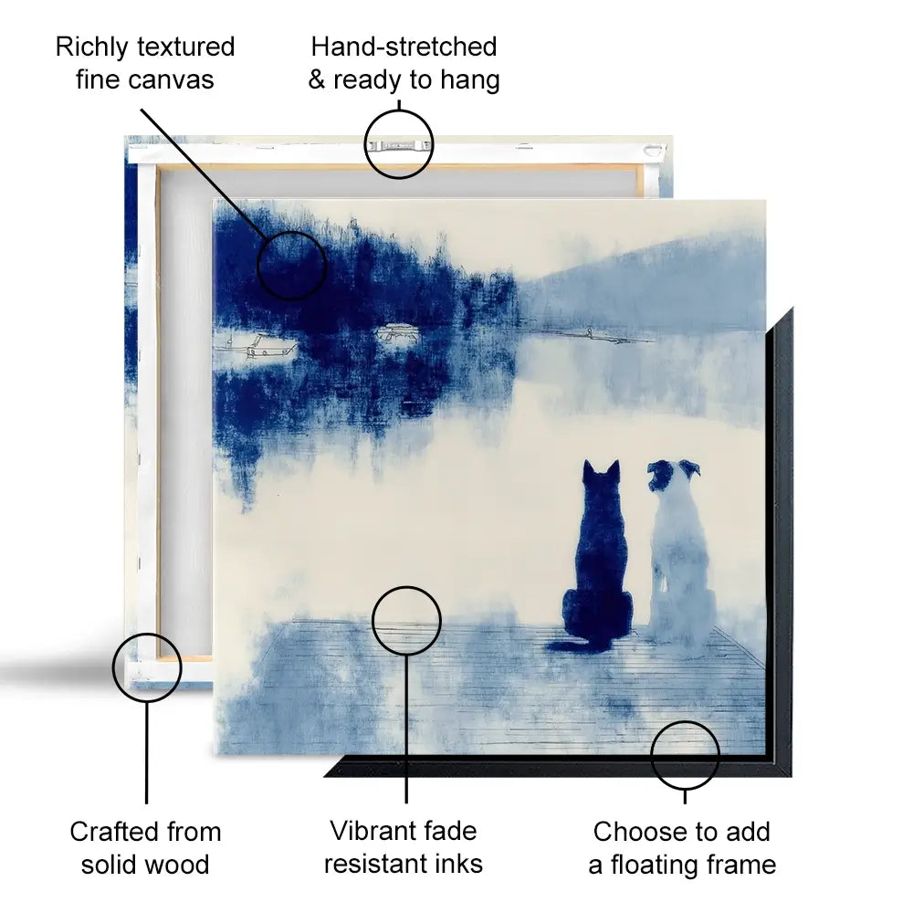 Dogs On Dock Square Canvas Print Dogs On Dock Square Canvas Print wall art product Chromatic Storm Studio