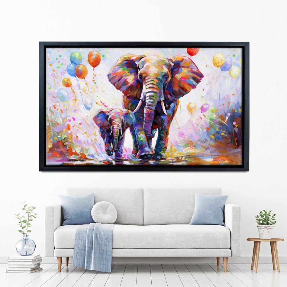 Elephants Colourful Celebration Canvas Print wall art product Leon Devenice