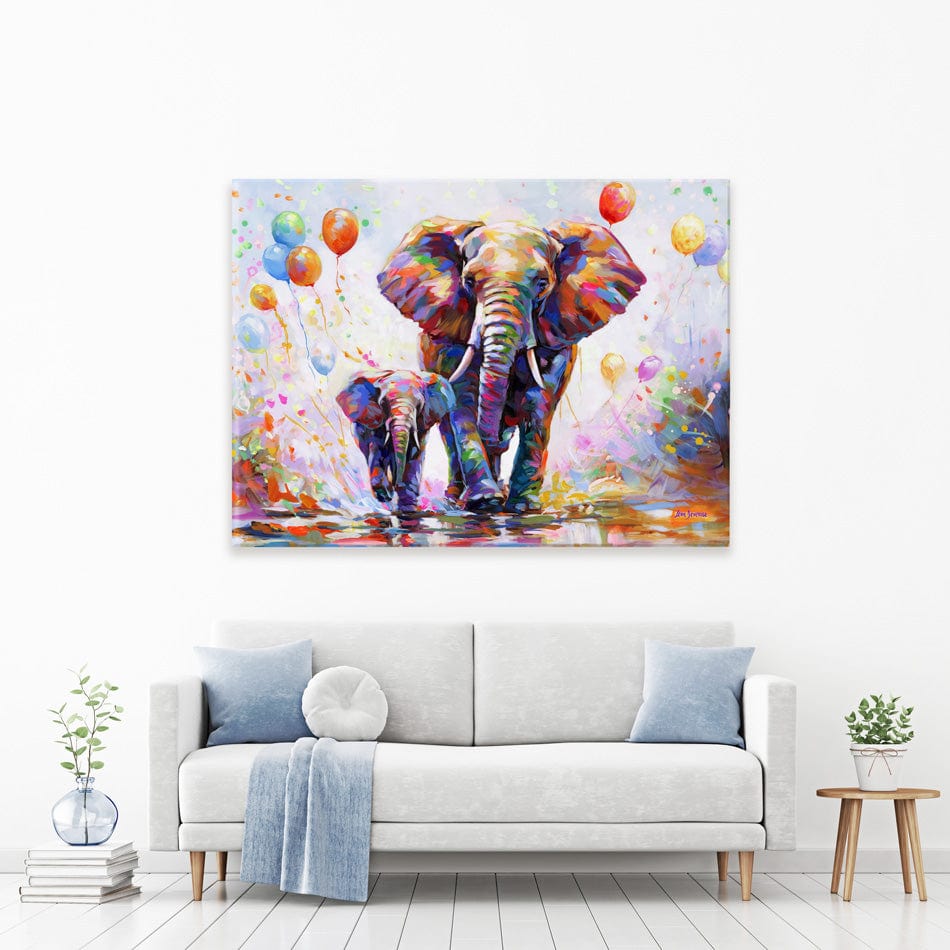 Elephants Colourful Celebration Canvas Print wall art product Leon Devenice