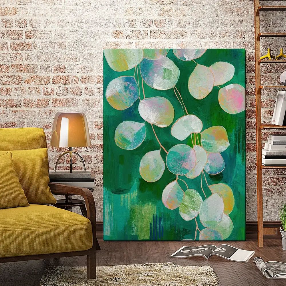 Eucalyptus Leaves On Green Canvas Print Eucalyptus Leaves On Green Canvas Print wall art product Chromatic Storm Studio