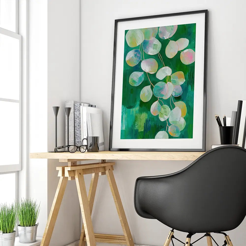 Eucalyptus Leaves On Green Framed Art Print Eucalyptus Leaves On Green Framed Art Print wall art product Chromatic Storm Studio