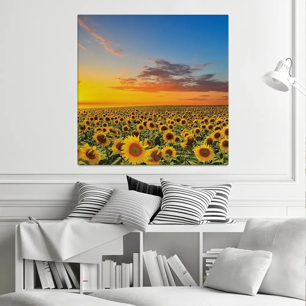 Field Of Blooming Sunflowers Square Canvas Print Field Of Blooming Sunflowers Square Canvas Print wall art product gornjak / Shutterstock