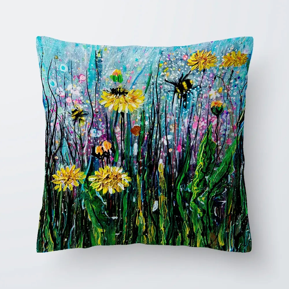Field Of Flowers And A Bee Cushion Field Of Flowers And A Bee Cushion wall art product Lena Owens - Independent