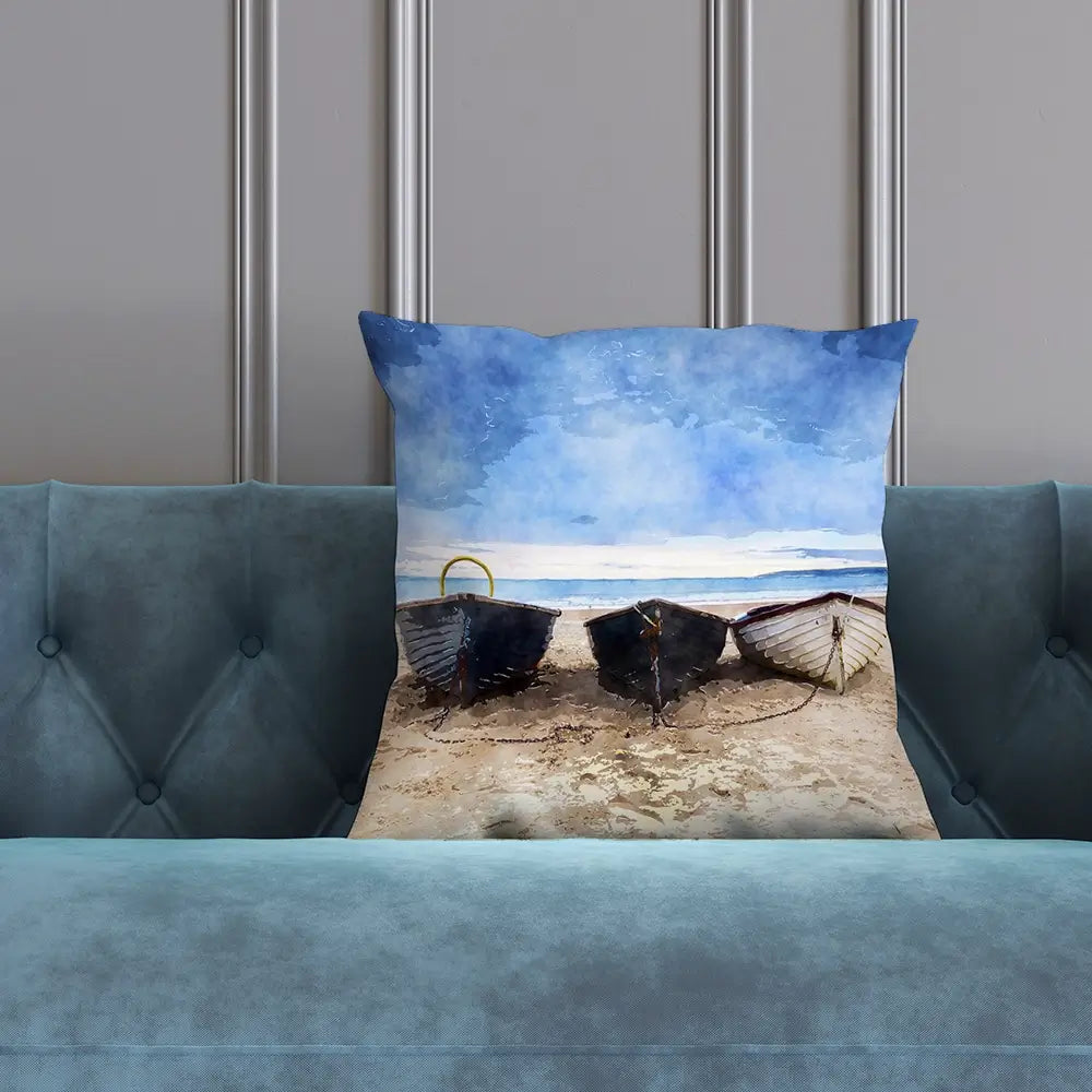 Fishing Boats Under A Brooding Sky Cushion Fishing Boats Under A Brooding Sky Cushion wall art product Art Print Shop
