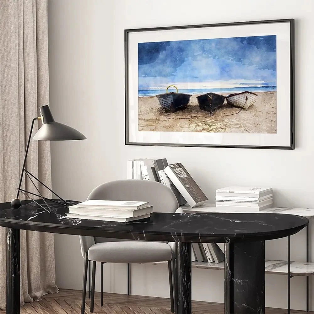 Fishing Boats Under A Brooding Sky Framed Art Print Fishing Boats Under A Brooding Sky Framed Art Print wall art product Helen Hotson / Shutterstock