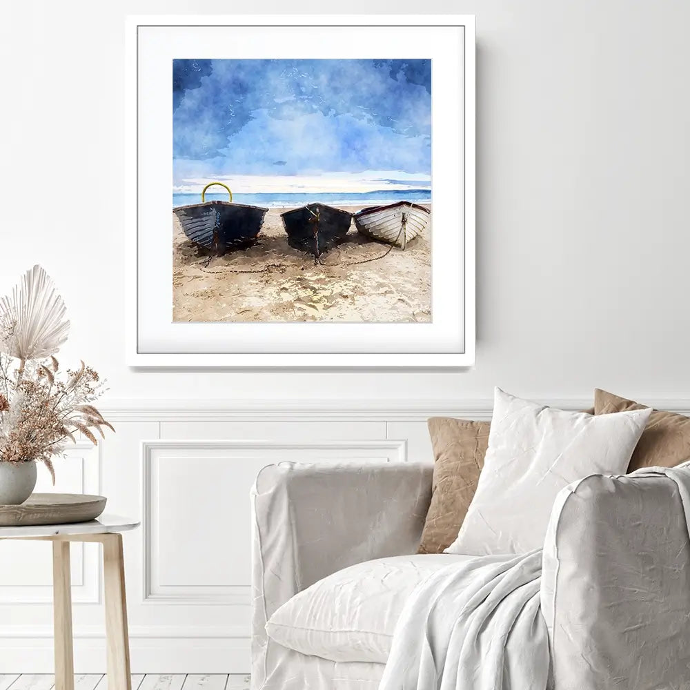 Fishing Boats Under A Brooding Sky Square Framed Art Print Fishing Boats Under A Brooding Sky Square Framed Art Print wall art product Art Print Shop