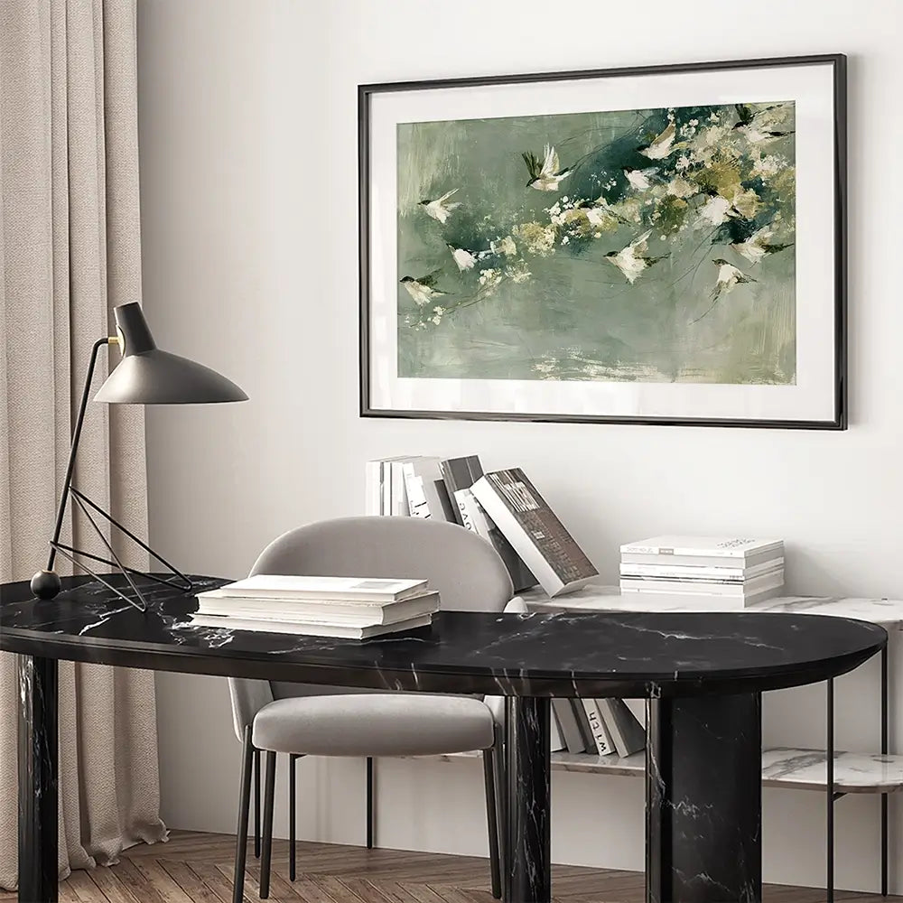 Flight Past Blossoms Framed Art Print Flight Past Blossoms Framed Art Print wall art product Chromatic Storm Studio