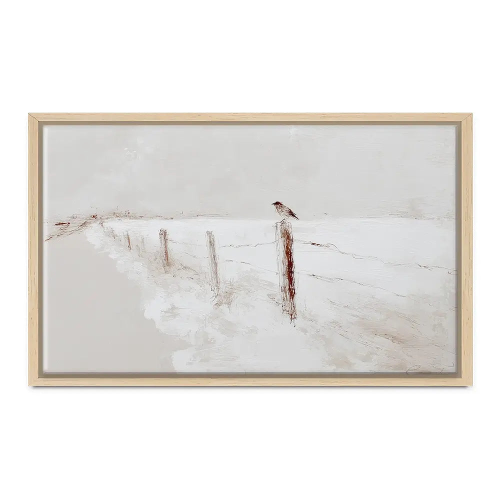 Foggy Fence Bird Canvas Print Foggy Fence Bird Canvas Print wall art product Chromatic Storm Studio