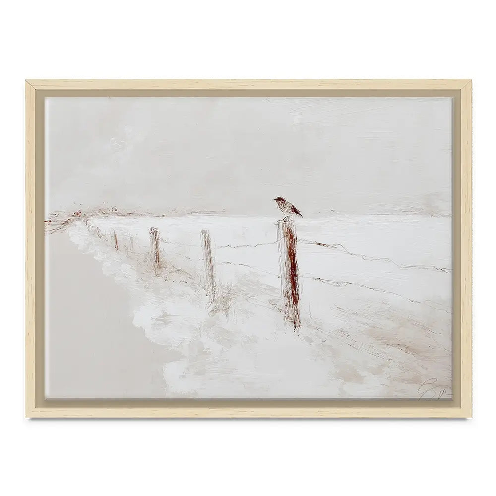 Foggy Fence Bird Canvas Print Foggy Fence Bird Canvas Print wall art product Chromatic Storm Studio